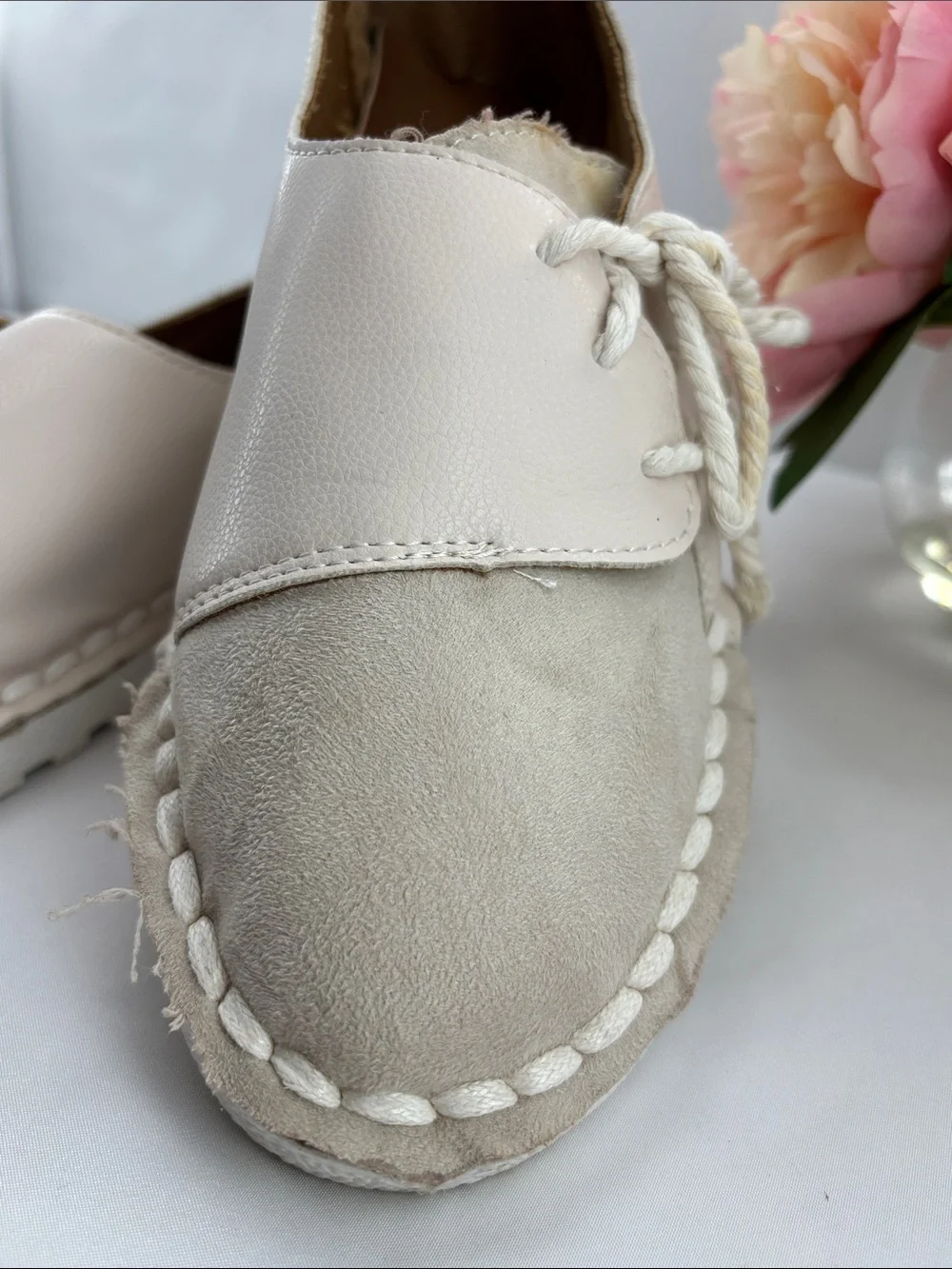 Fashion Women's 9.5 Casual Lace-Up Leather/Suede Flats - White & Cream #743